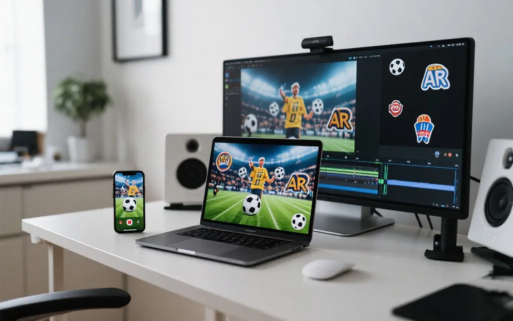 球迷在手机前制作世界杯短视频与AR打卡内容的创作场景