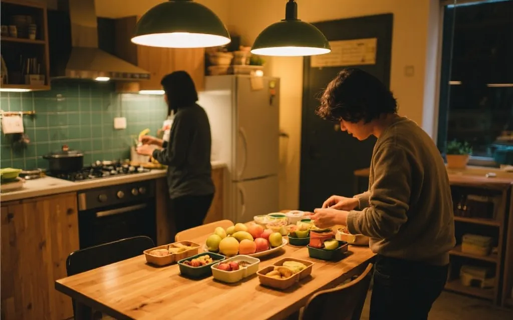 青旅公共厨房的夜晚，背包客做饭备餐准备第二天看球